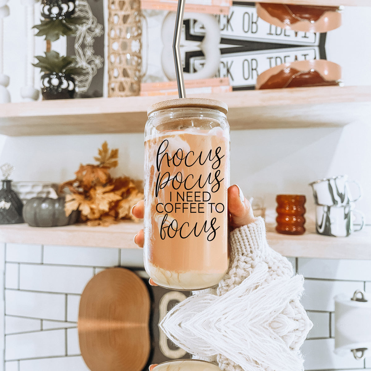Hocus Pocus 17oz Glass Tumbler Bamboo Lid, Stainless Straws, Coffee Quote