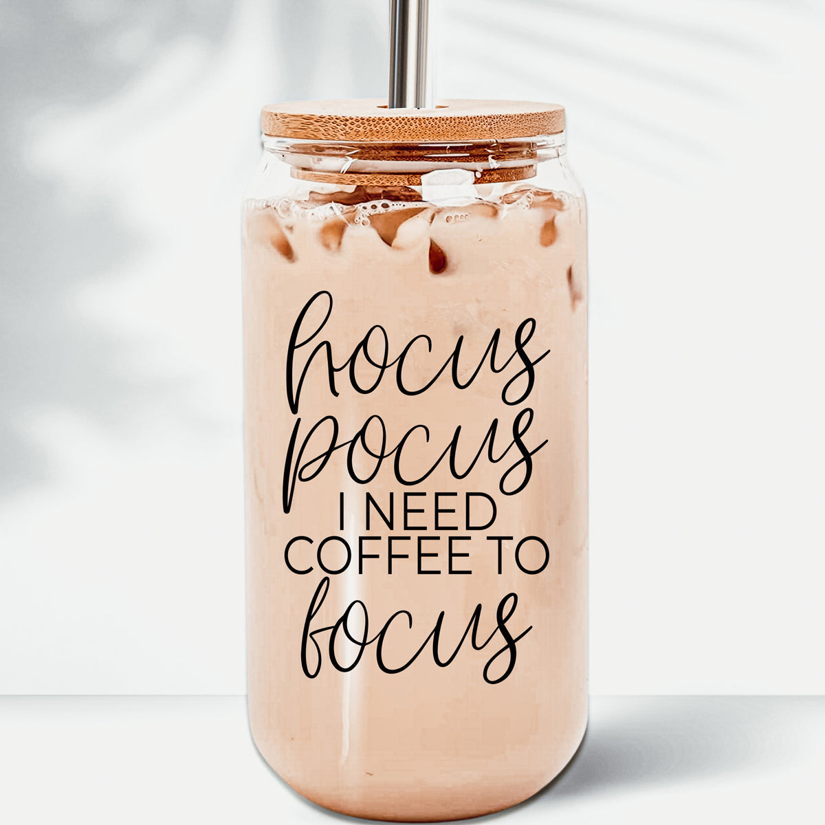 Hocus Pocus 17oz Glass Tumbler Bamboo Lid, Stainless Straws, Coffee Quote