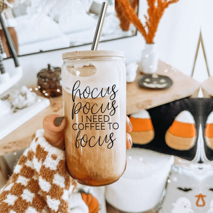 Hocus Pocus 17oz Glass Tumbler Bamboo Lid, Stainless Straws, Coffee Quote