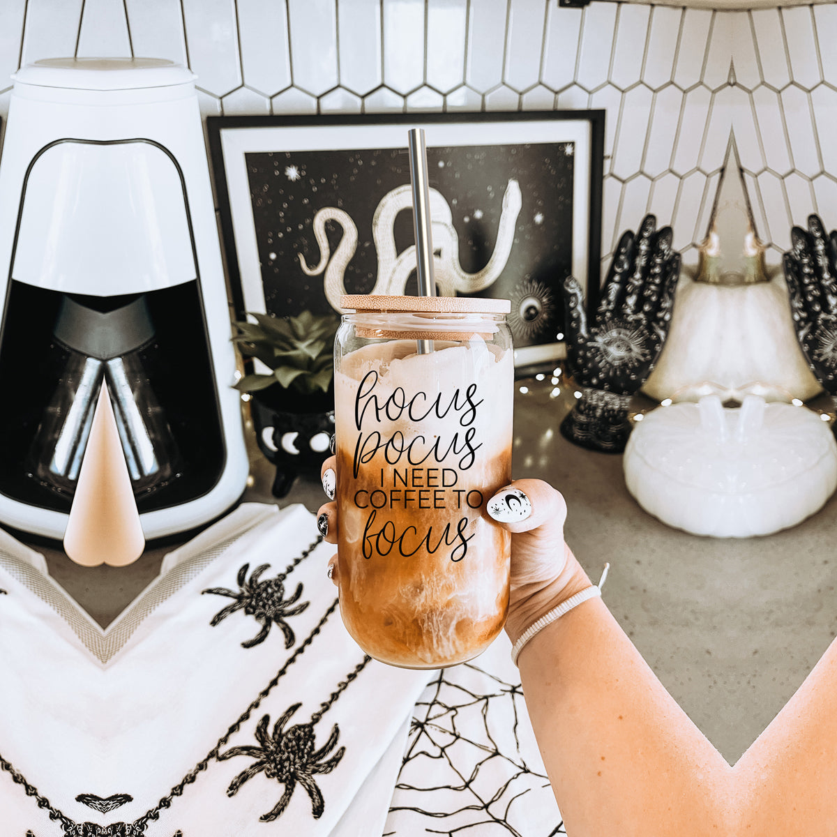 Hocus Pocus 17oz Glass Tumbler Bamboo Lid, Stainless Straws, Coffee Quote