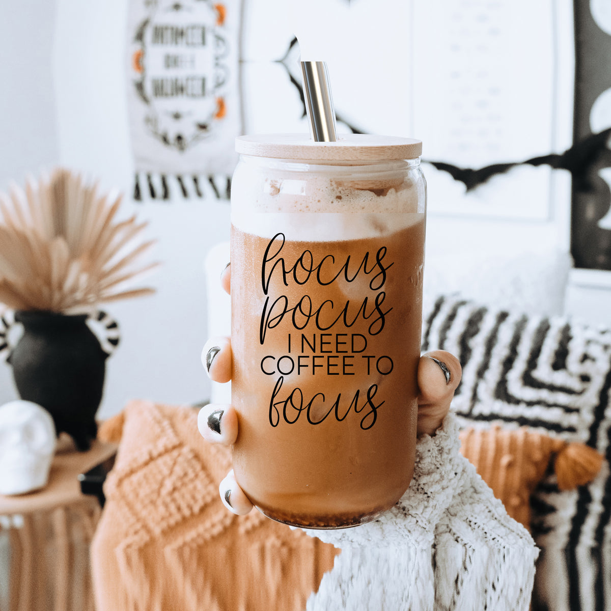 Hocus Pocus 17oz Glass Tumbler Bamboo Lid, Stainless Straws, Coffee Quote