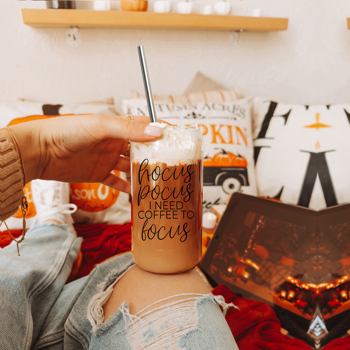 Hocus Pocus 17oz Glass Tumbler Bamboo Lid, Stainless Straws, Coffee Quote