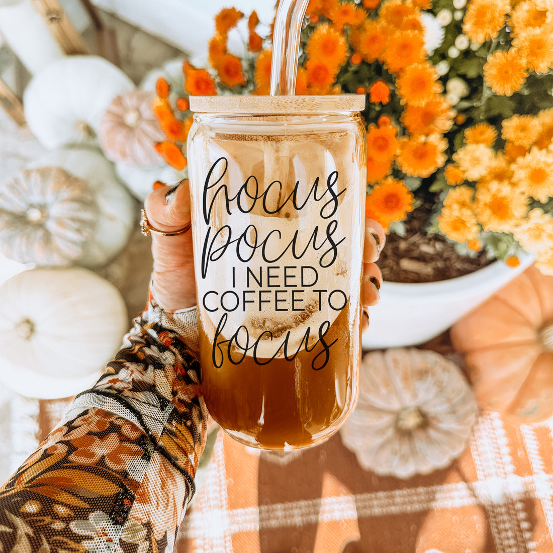 Hocus Pocus 20oz Glass Tumbler With Bamboo Lid, Stainless Straws and Cleaner