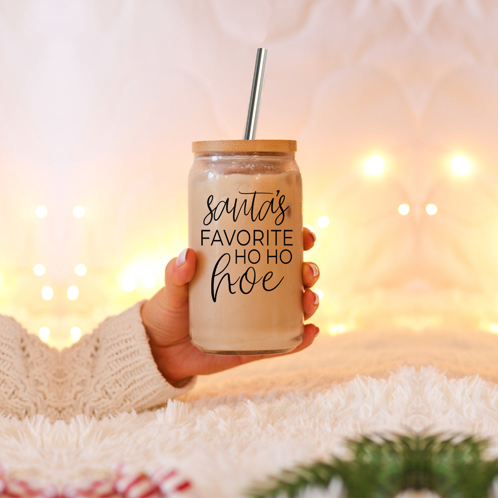 Holiday Santa Ho Ho Hoe 17oz Glass Tumbler With Bamboo Lid Stainless Straws And Straw Cleaner