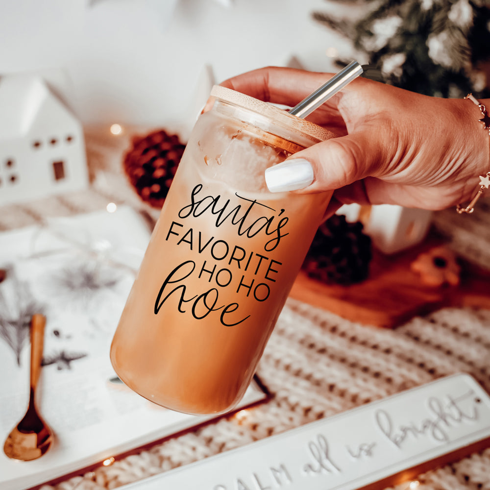 Holiday Santa Ho Ho Hoe 17oz Glass Tumbler With Bamboo Lid Stainless Straws And Straw Cleaner