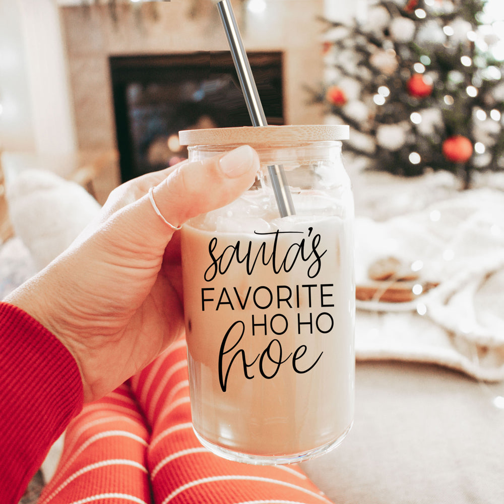 Holiday Santa Ho Ho Hoe 17oz Glass Tumbler With Bamboo Lid Stainless Straws And Straw Cleaner