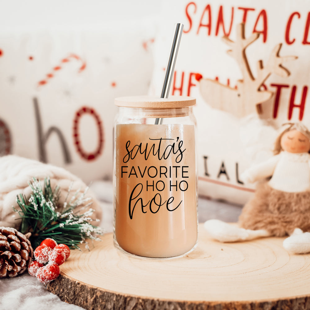 Holiday Santa Ho Ho Hoe 17oz Glass Tumbler With Bamboo Lid Stainless Straws And Straw Cleaner