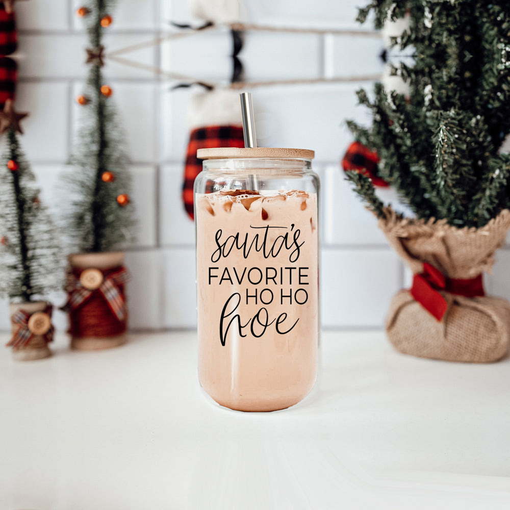 Holiday Santa Ho Ho Hoe 17oz Glass Tumbler With Bamboo Lid Stainless Straws And Straw Cleaner