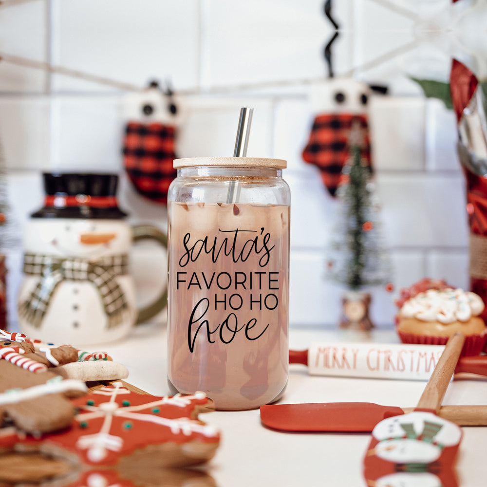 Holiday Santa Ho Ho Hoe 17oz Glass Tumbler With Bamboo Lid Stainless Straws And Straw Cleaner