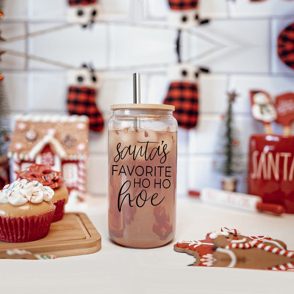 Holiday Santa Ho Ho Hoe 17oz Glass Tumbler With Bamboo Lid Stainless Straws And Straw Cleaner