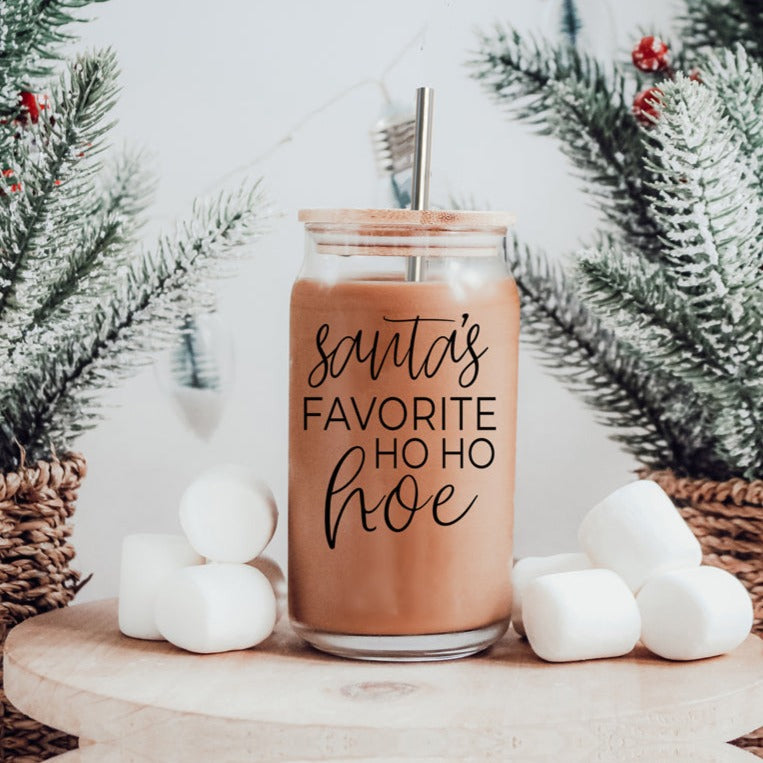 Holiday Santa Ho Ho Hoe 17oz Glass Tumbler With Bamboo Lid Stainless Straws And Straw Cleaner