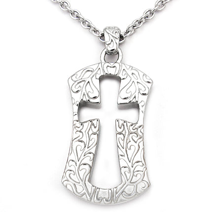 Hollow Cross Pendant Necklace Silver Filigree Design