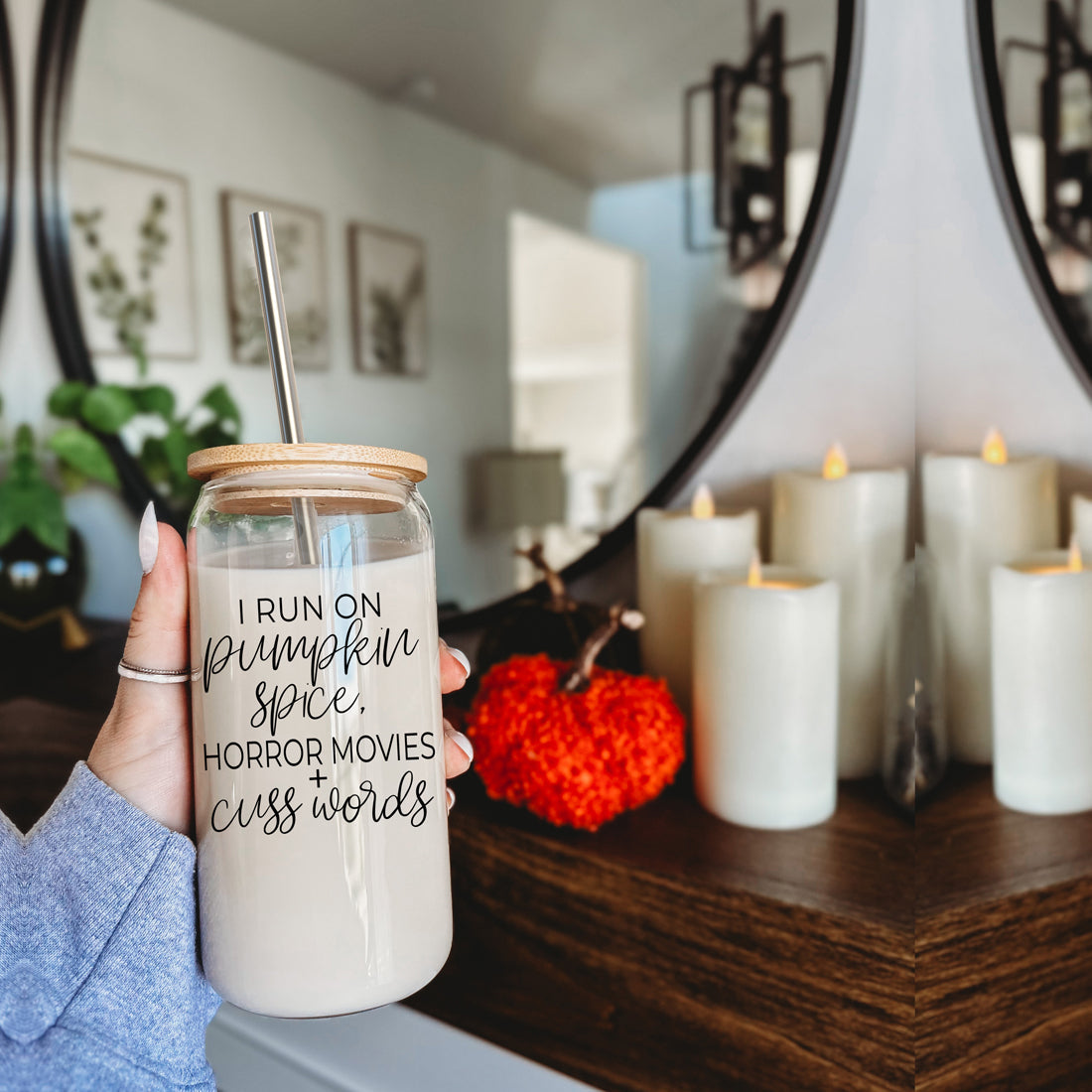 Horror Movies 17oz Glass Tumbler With Bamboo Lid Straw Set Pumpkin Spice