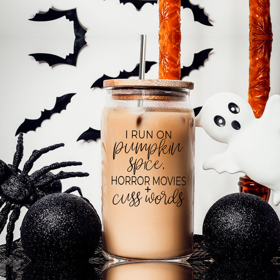 Horror Movies 17oz Glass Tumbler With Bamboo Lid Straw Set Pumpkin Spice