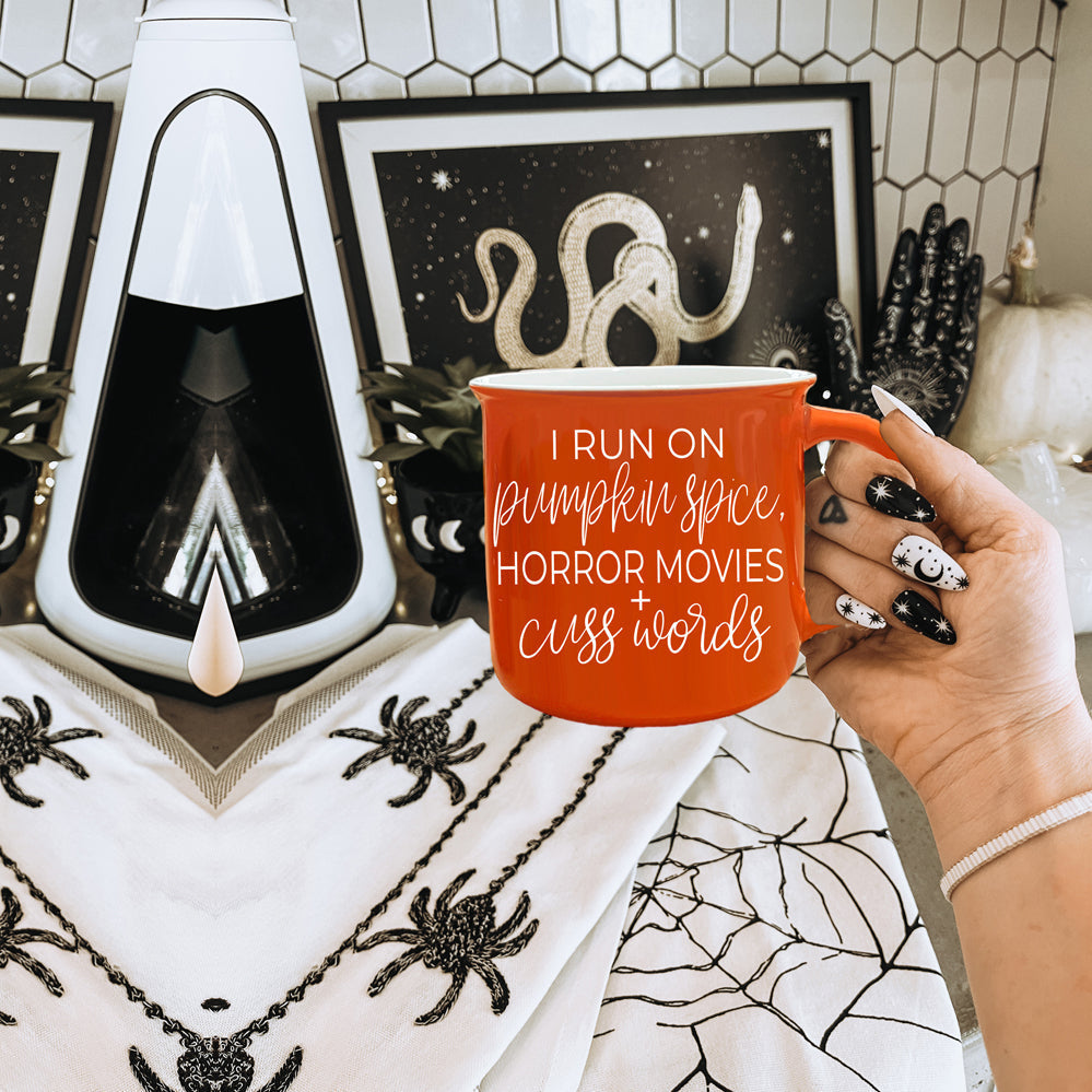 Pumpkin Horror Mug 14.5oz Orange Ceramic Campfire Dual-Sided White Text