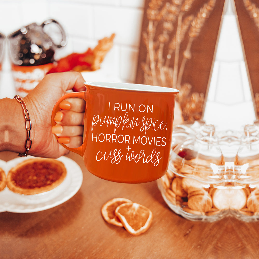 Pumpkin Horror Mug 14.5oz Orange Ceramic Campfire Dual-Sided White Text