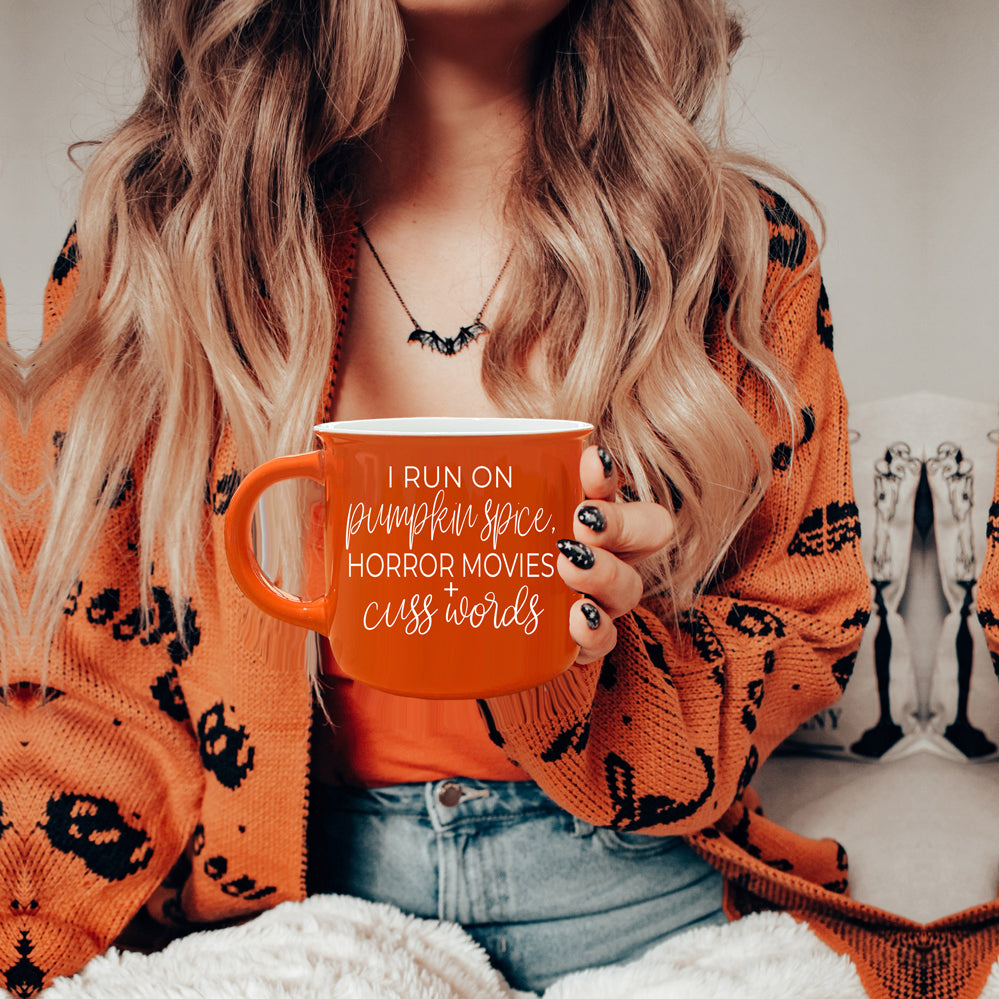 Pumpkin Horror Mug 14.5oz Orange Ceramic Campfire Dual-Sided White Text