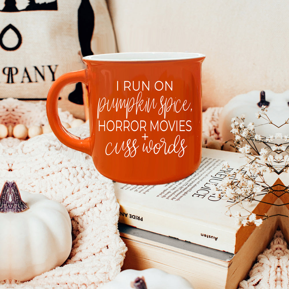 Pumpkin Horror Mug 14.5oz Orange Ceramic Campfire Dual-Sided White Text