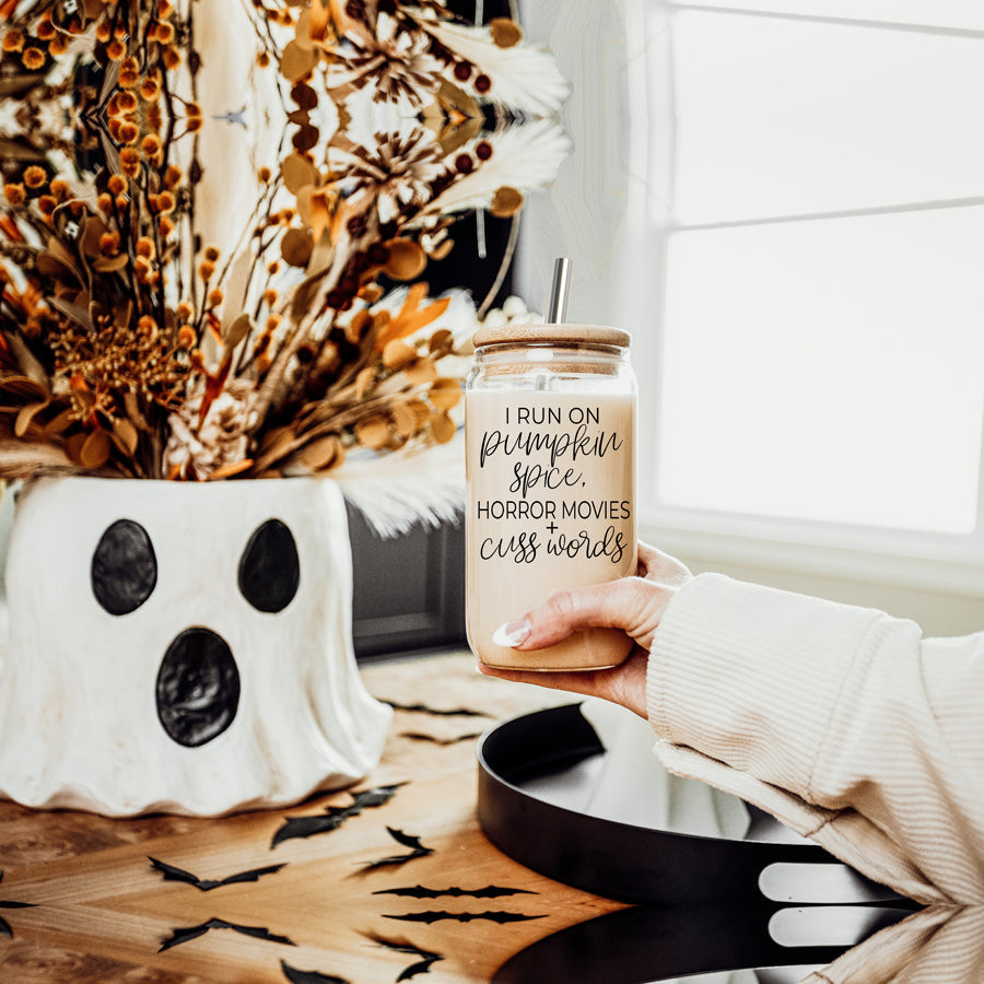 Horror Movies 17oz Glass Tumbler With Bamboo Lid Straw Set Pumpkin Spice