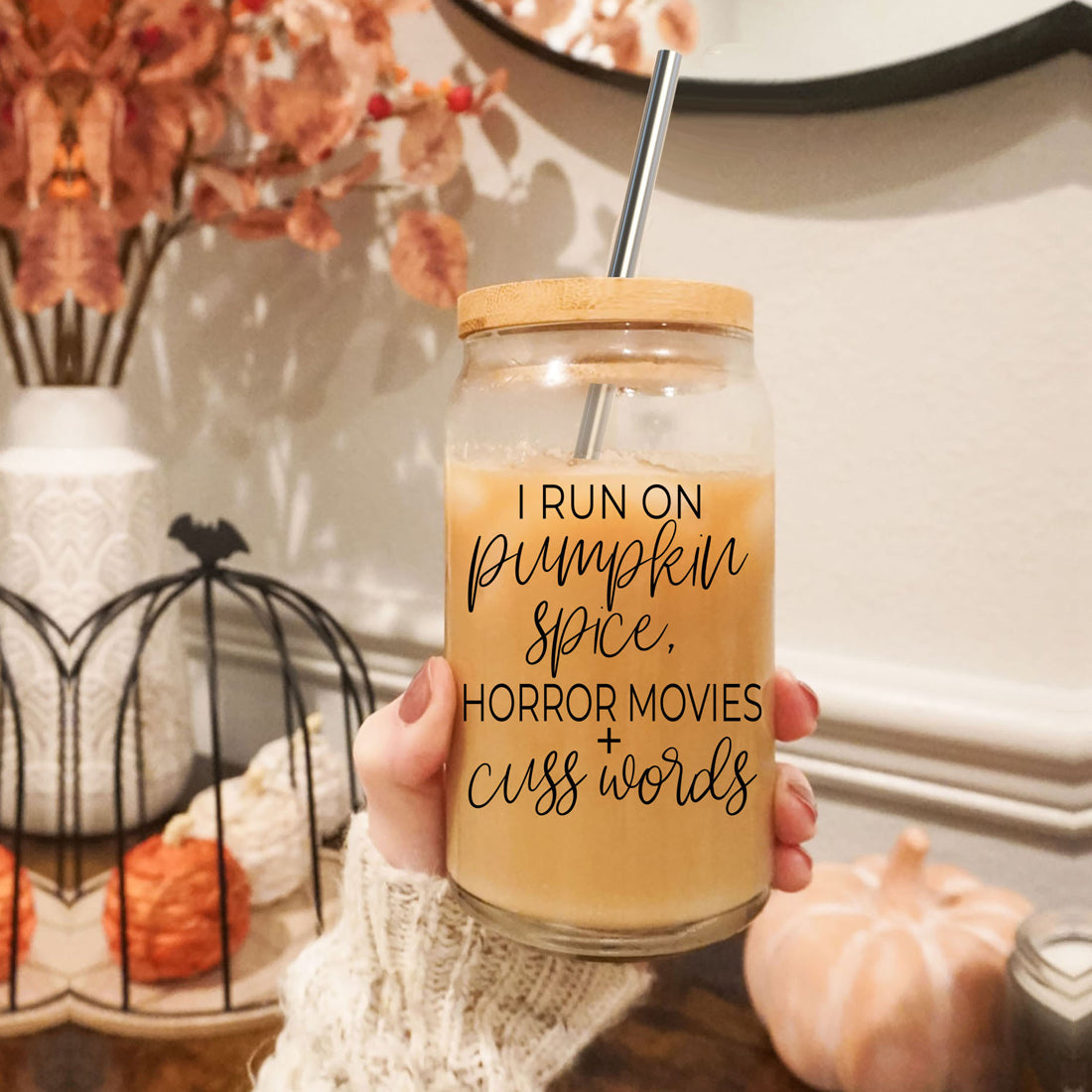 Horror Movies 17oz Glass Tumbler With Bamboo Lid Straw Set Pumpkin Spice
