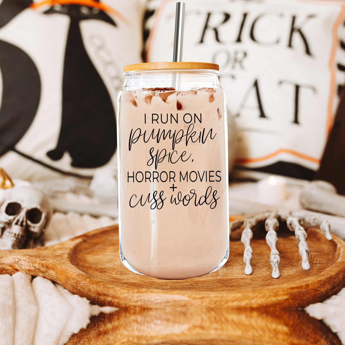 Horror Movies 17oz Glass Tumbler With Bamboo Lid Straw Set Pumpkin Spice