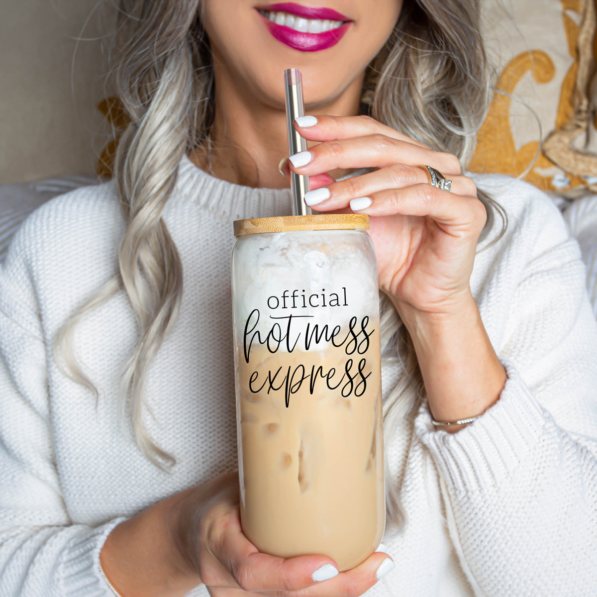 Hot Mess 17oz Glass Tumbler With Bamboo Lid, 2 Stainless Straws and Cleaner