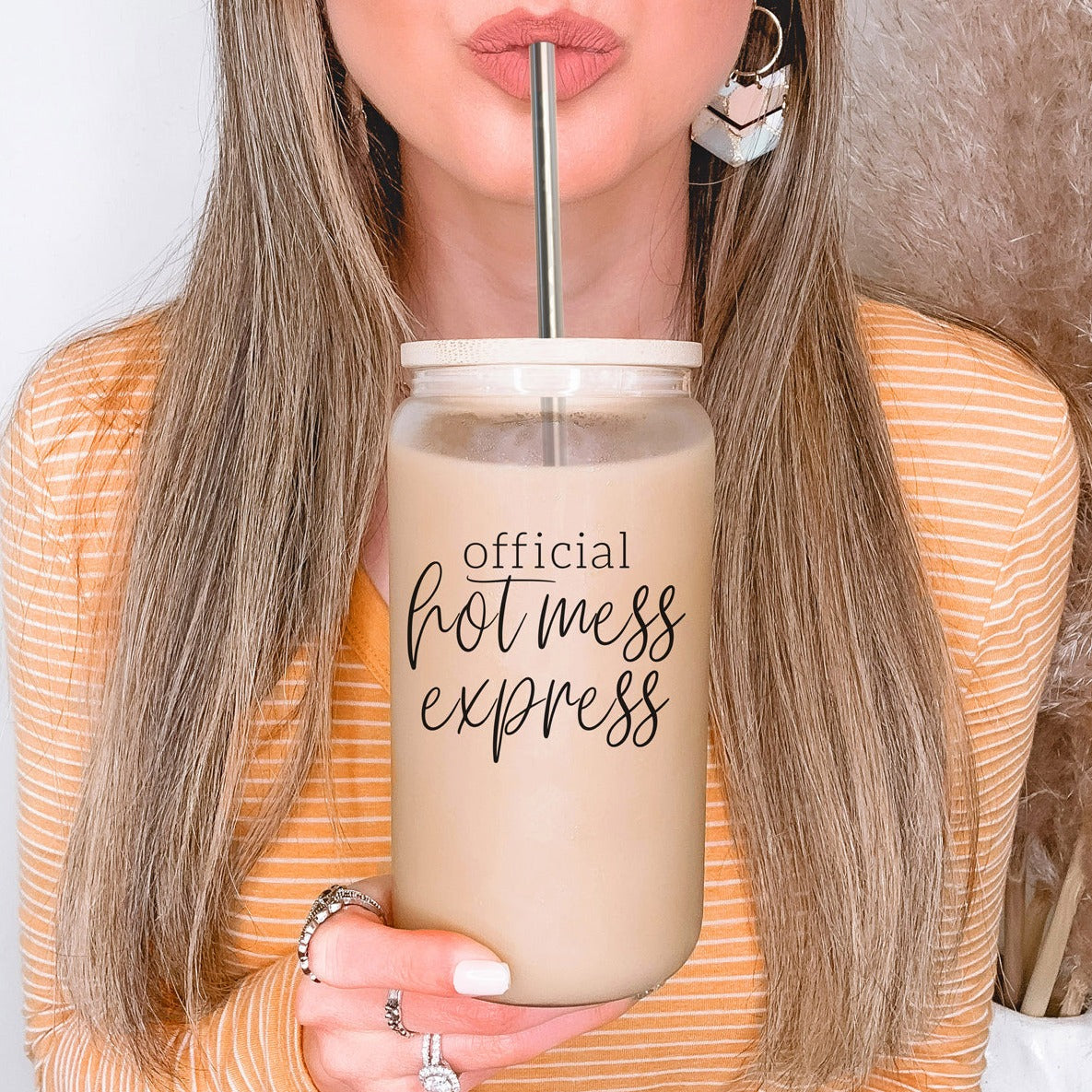 Hot Mess 17oz Glass Tumbler With Bamboo Lid, 2 Stainless Straws and Cleaner