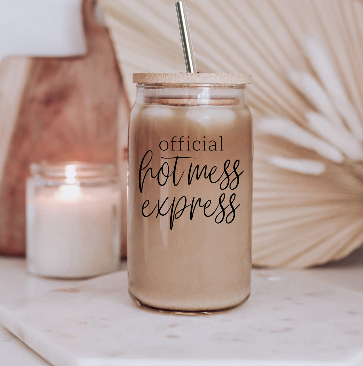 Hot Mess 17oz Glass Tumbler With Bamboo Lid, 2 Stainless Straws and Cleaner