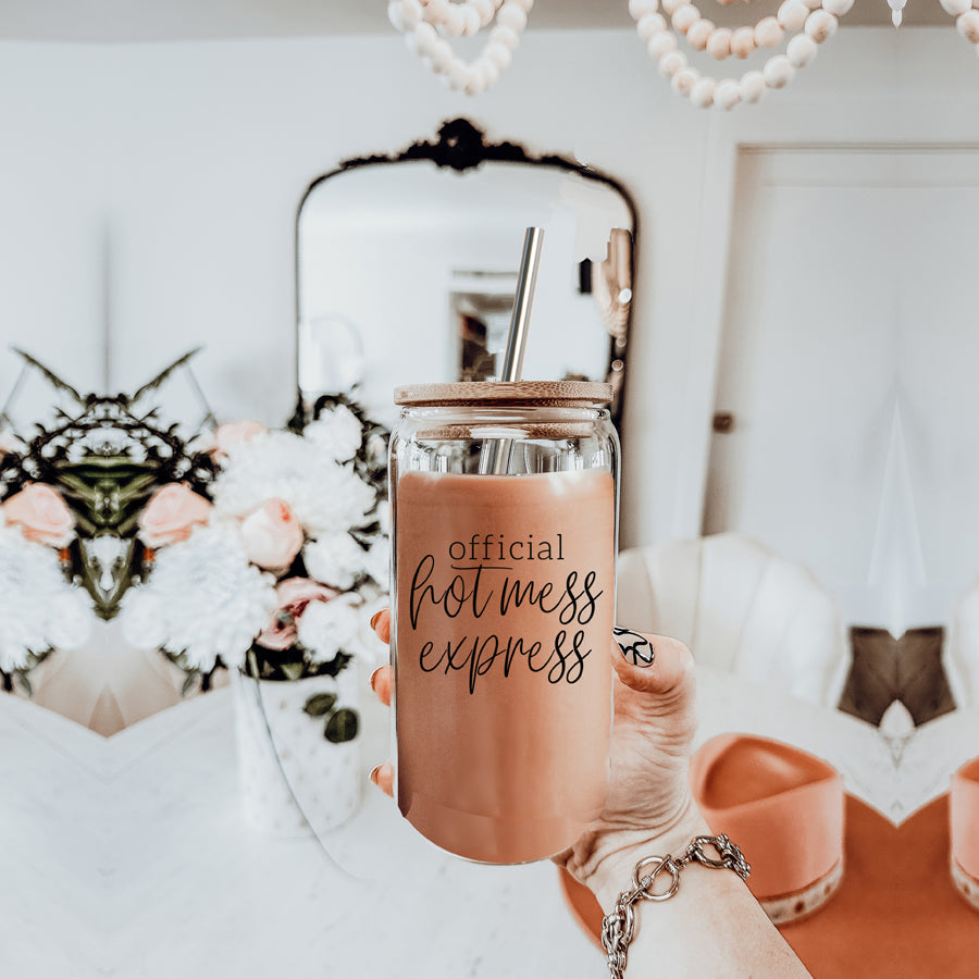 Hot Mess 17oz Glass Tumbler With Bamboo Lid, 2 Stainless Straws and Cleaner