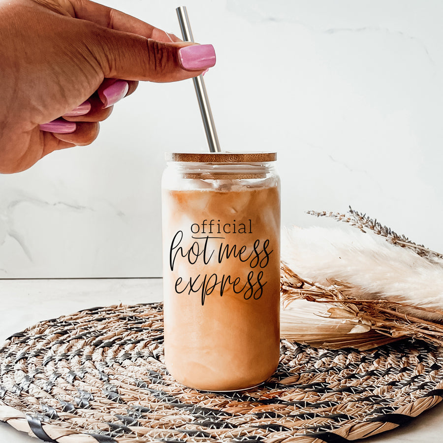 Hot Mess 17oz Glass Tumbler With Bamboo Lid, 2 Stainless Straws and Cleaner