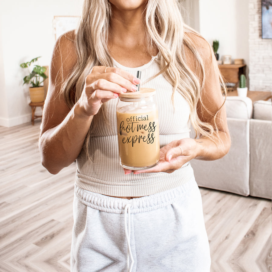 Hot Mess 17oz Glass Tumbler With Bamboo Lid, 2 Stainless Straws and Cleaner