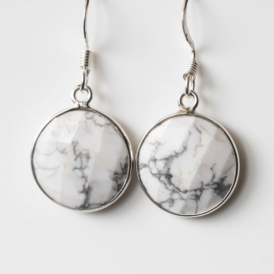 Howlite Round Drop Earrings Natural Stone Silver Dangle