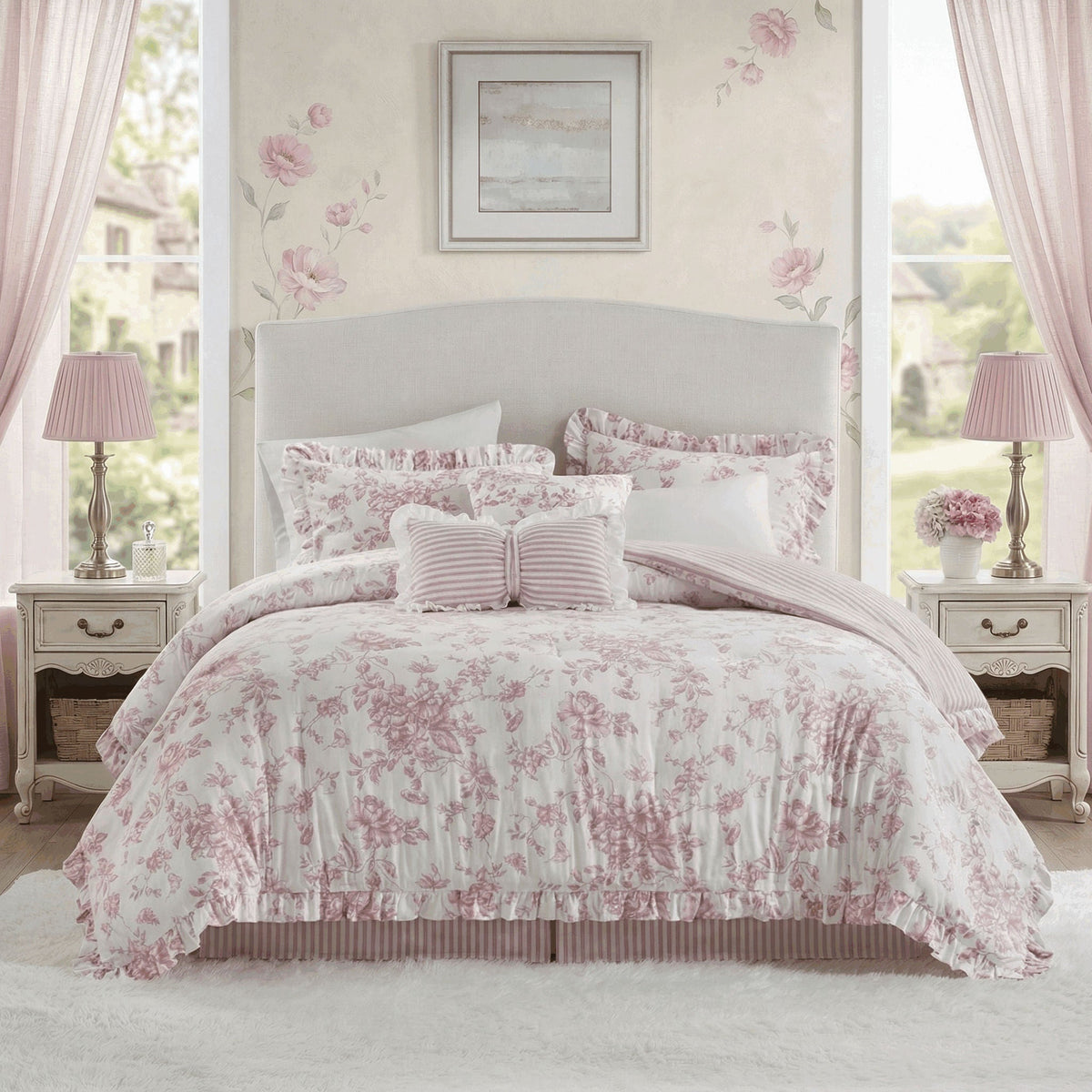 Romantic Blue Floral Reversible Comforter Set with Ruffled Pillows