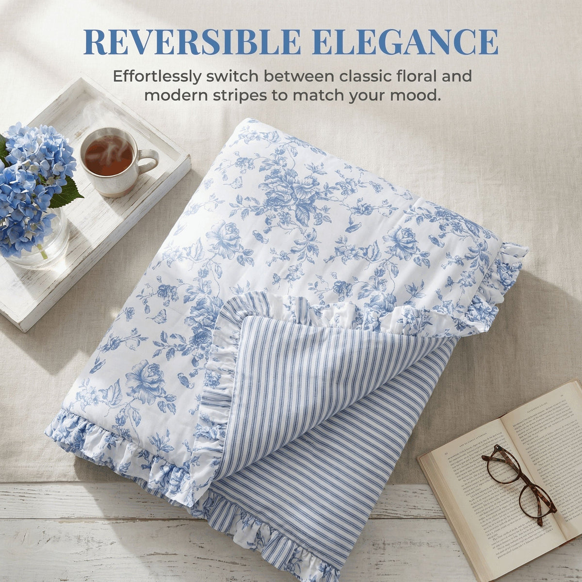 Romantic Blue Floral Reversible Comforter Set with Ruffled Pillows