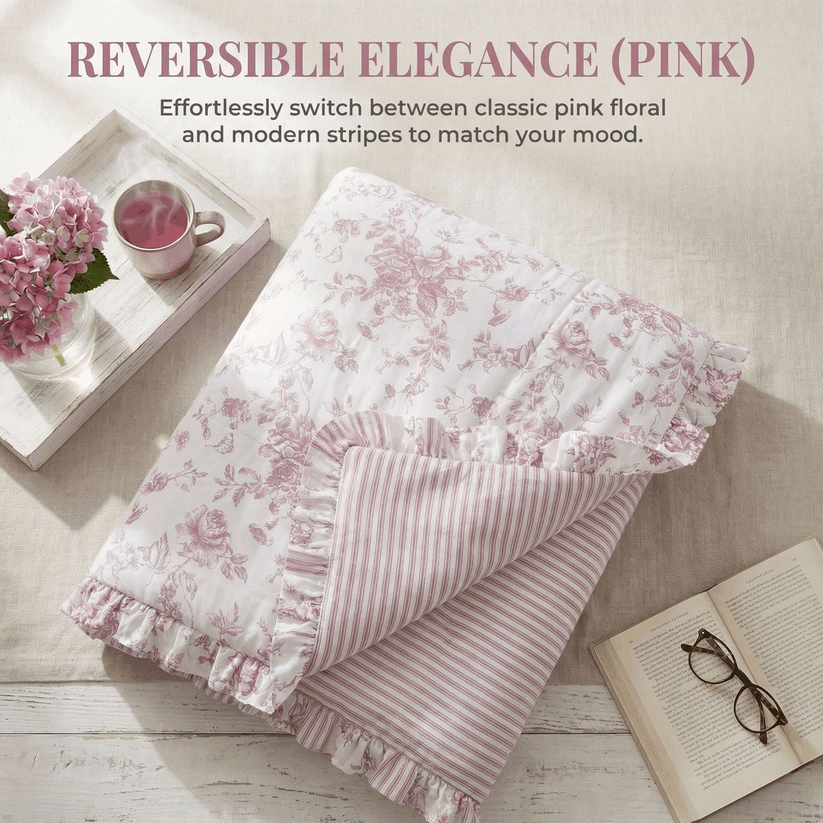 Romantic Blue Floral Reversible Comforter Set with Ruffled Pillows