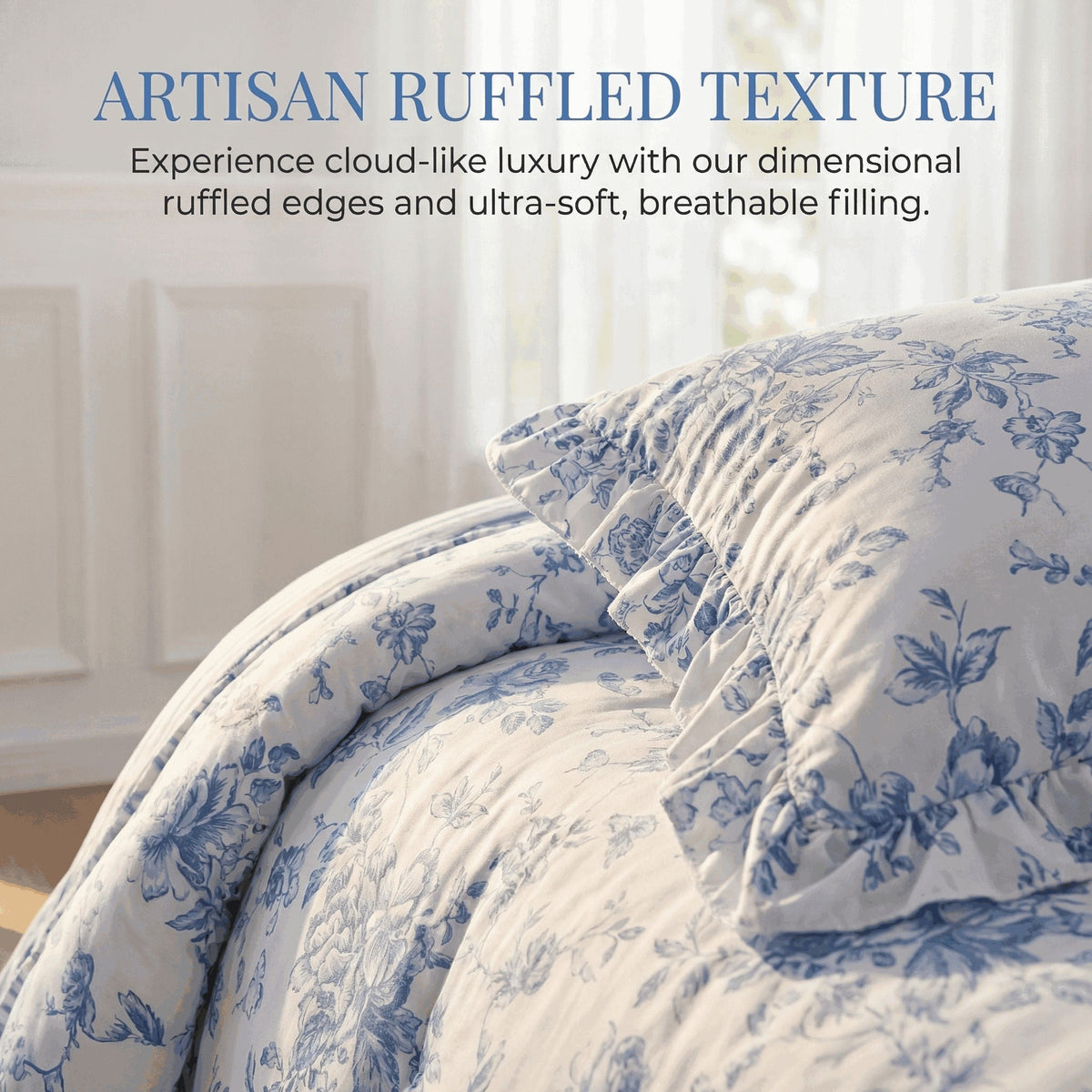 Romantic Blue Floral Reversible Comforter Set with Ruffled Pillows