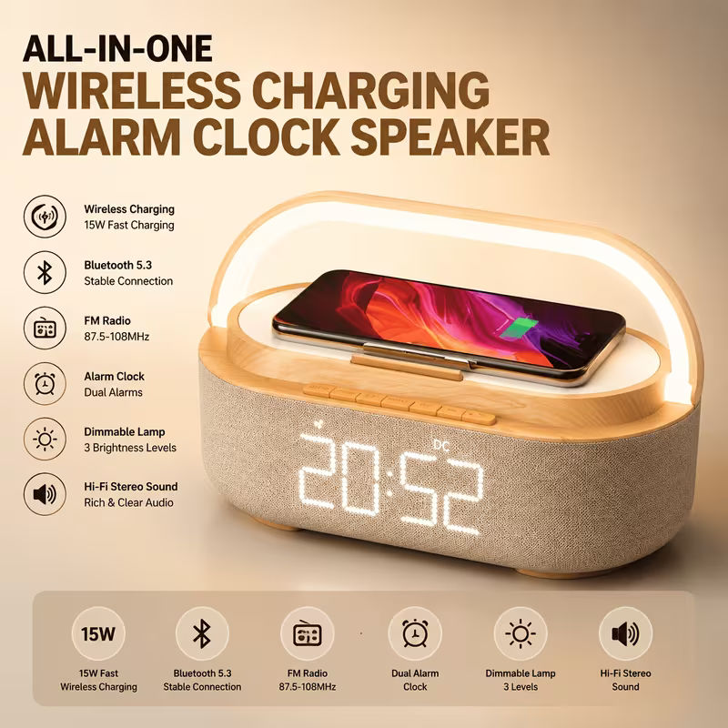 Wireless Charging Alarm Clock Radio with Speaker and LED Night Light