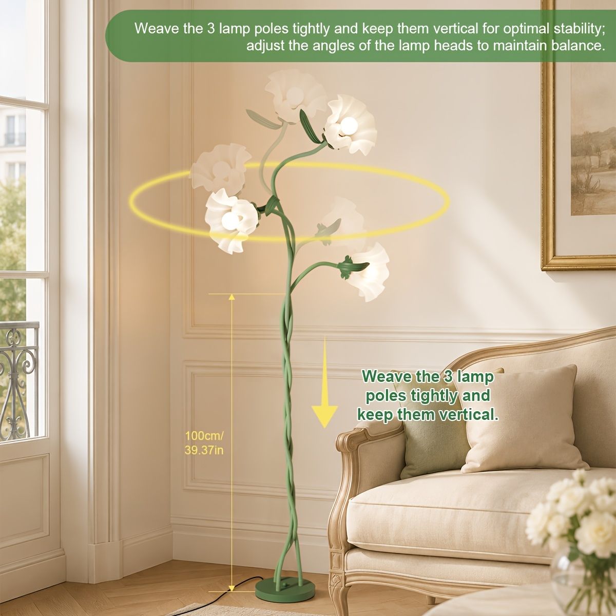 Vintage 3-Head Flower Floor Lamp with Flexible Goosenecks
