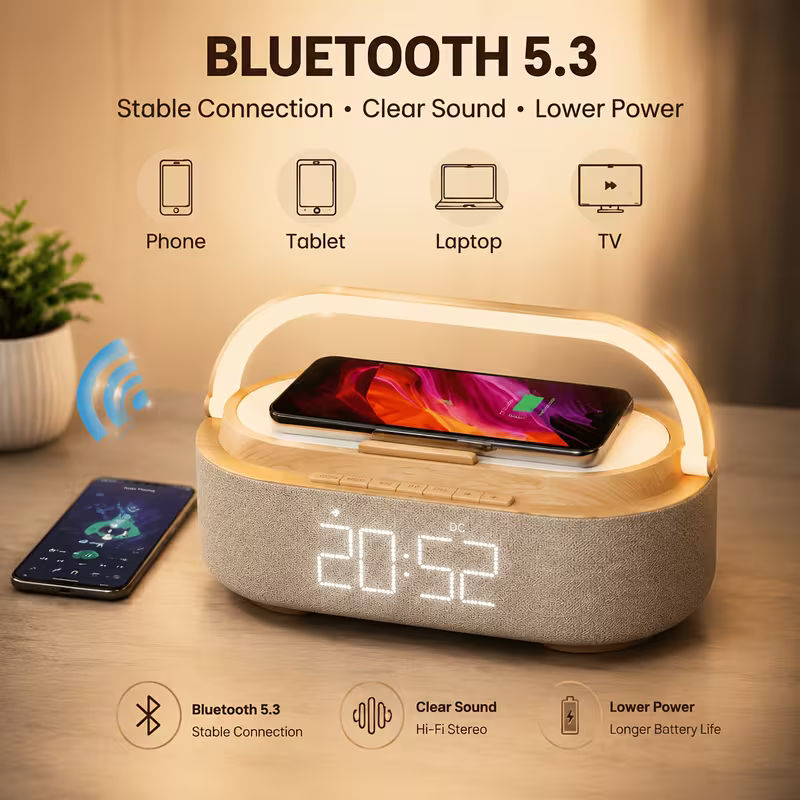 Wireless Charging Alarm Clock Radio with Speaker and LED Night Light