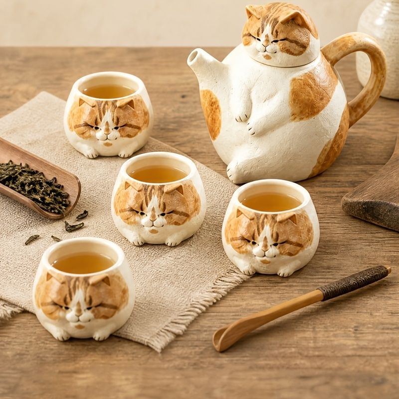 Coarse Pottery Cat Teapot and Cup Set