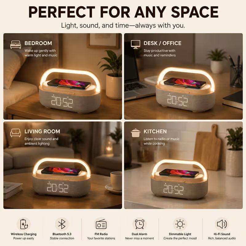 Wireless Charging Alarm Clock Radio with Speaker and LED Night Light