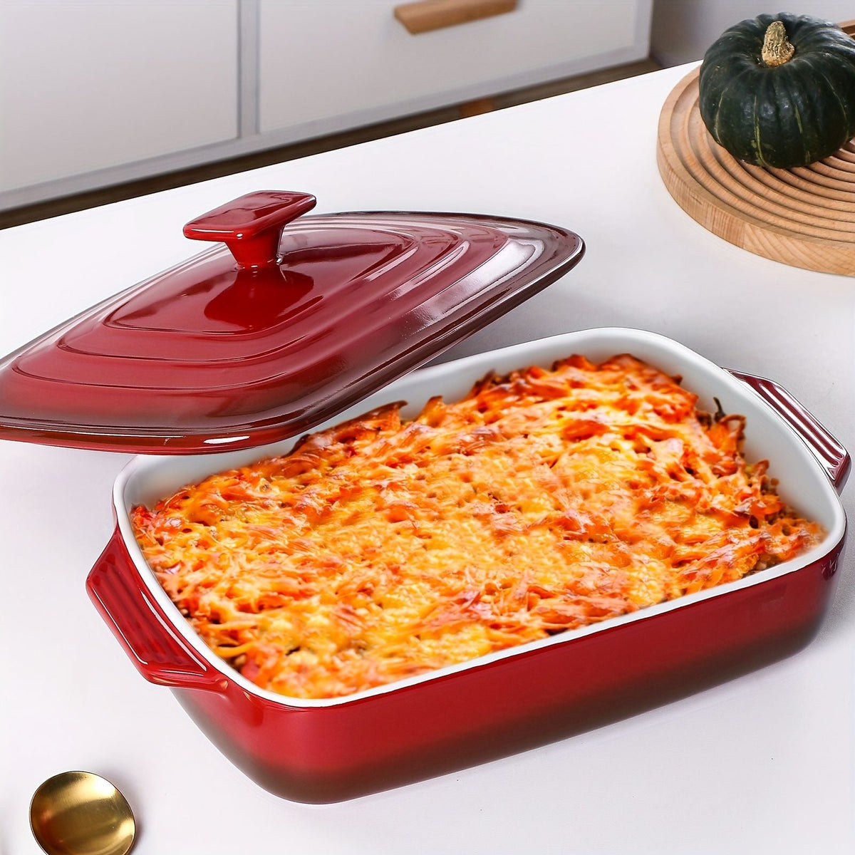 Large Ceramic Casserole Dish with Lid 4.0 Qt Rectangular Baking Pan Red