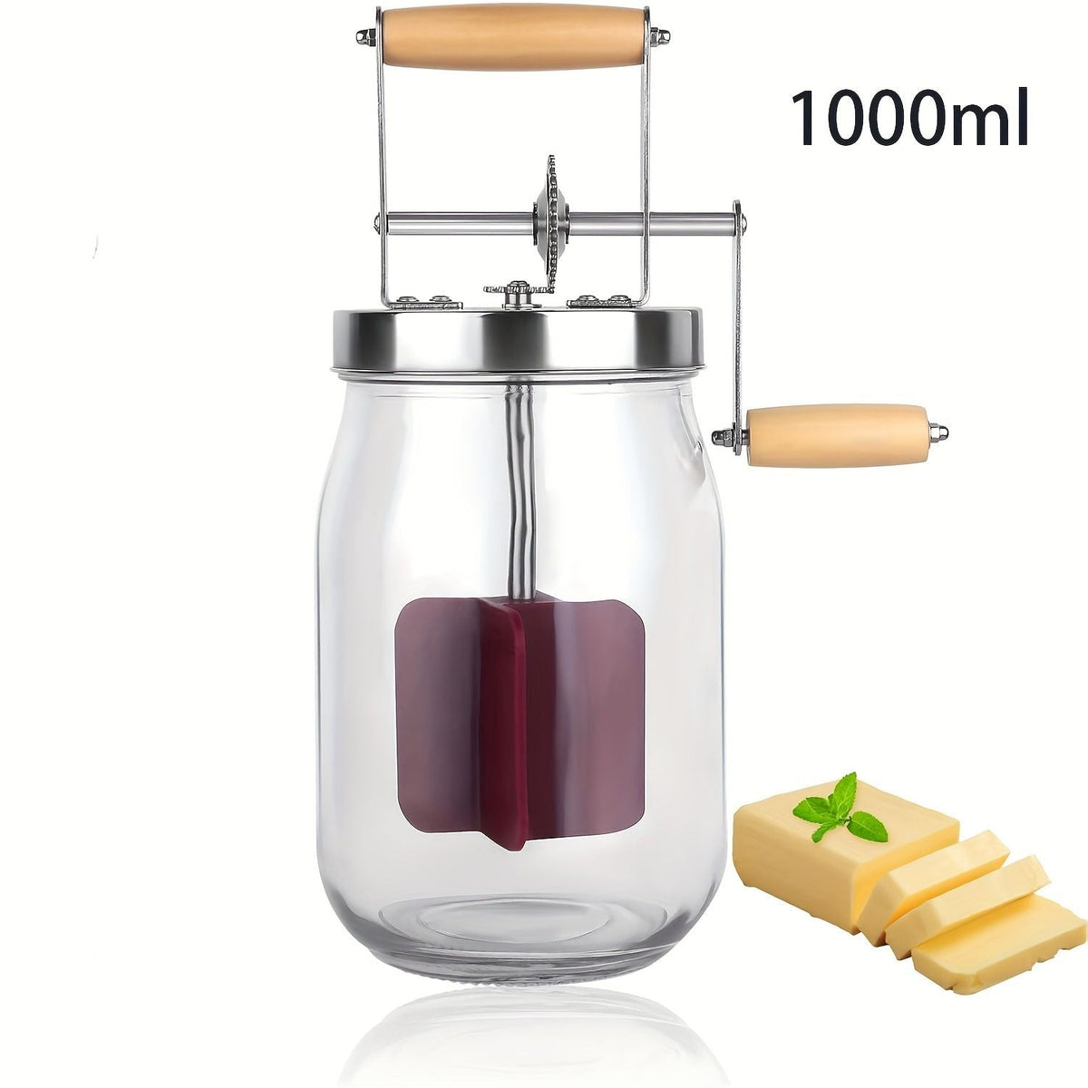 33.8-Ounce Manual Butter Churner with Wooden Handle and Stainless Steel Gears