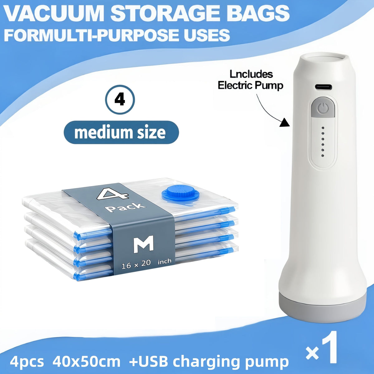 5-Piece Vacuum Storage Bag Set with Electric Air Pump