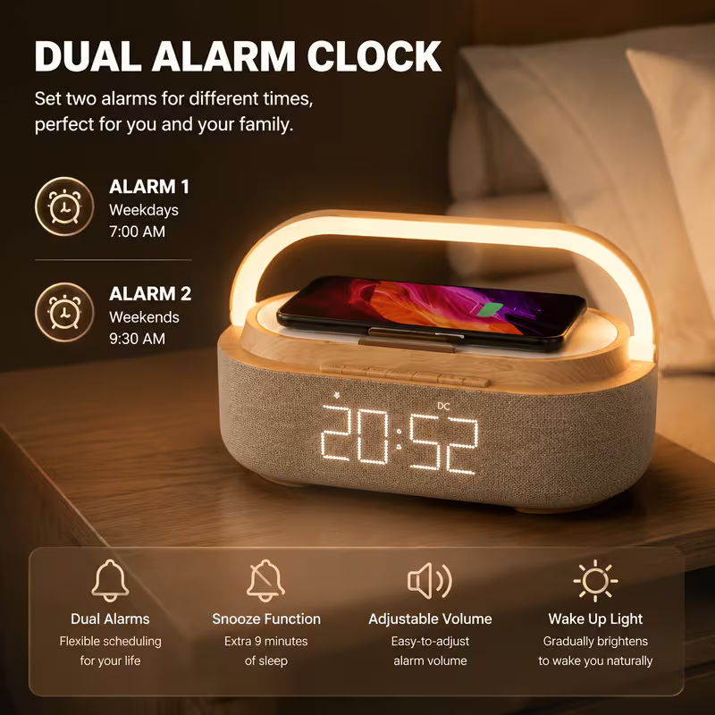 Wireless Charging Alarm Clock Radio with Speaker and LED Night Light