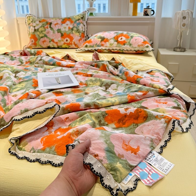 Crinkled Double-Layer Gauze Summer Quilt with Lace Trim