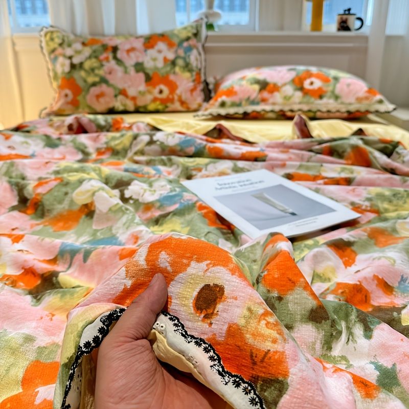 Crinkled Double-Layer Gauze Summer Quilt with Lace Trim