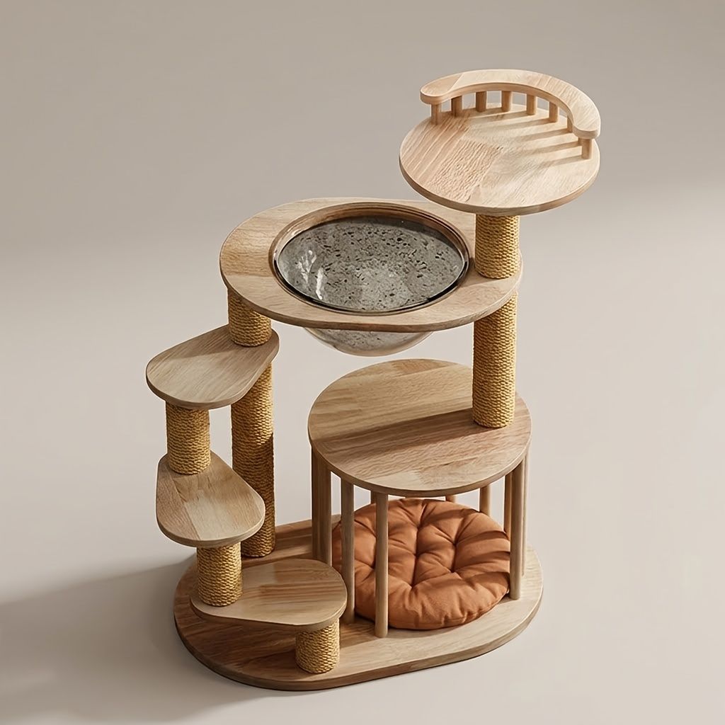 Multi-Tier Wooden Cat Tower with Spiral Staircase and Capsule Bed