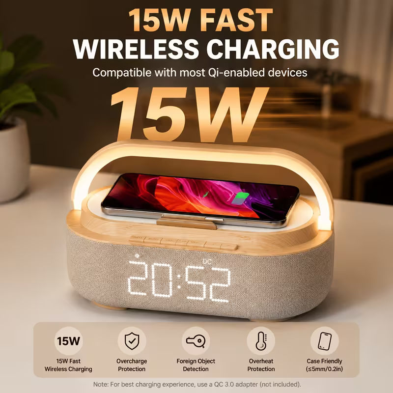 Wireless Charging Alarm Clock Radio with Speaker and LED Night Light