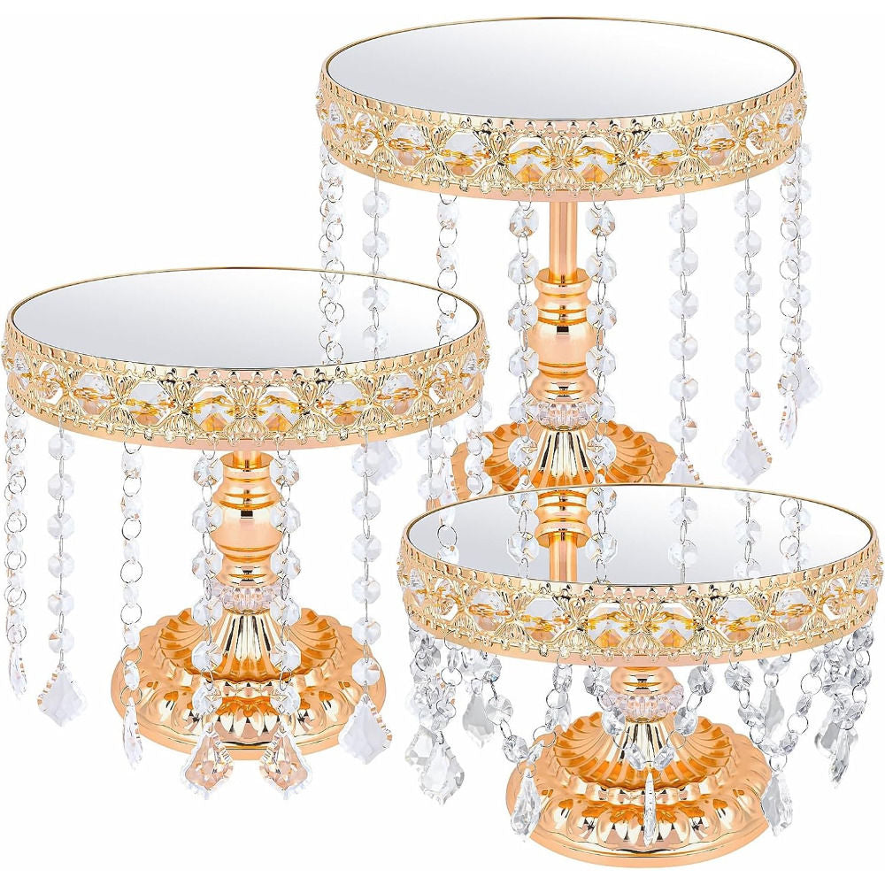 3-Piece Round Metal Cake Stand Set with Crystal Pendants Gold